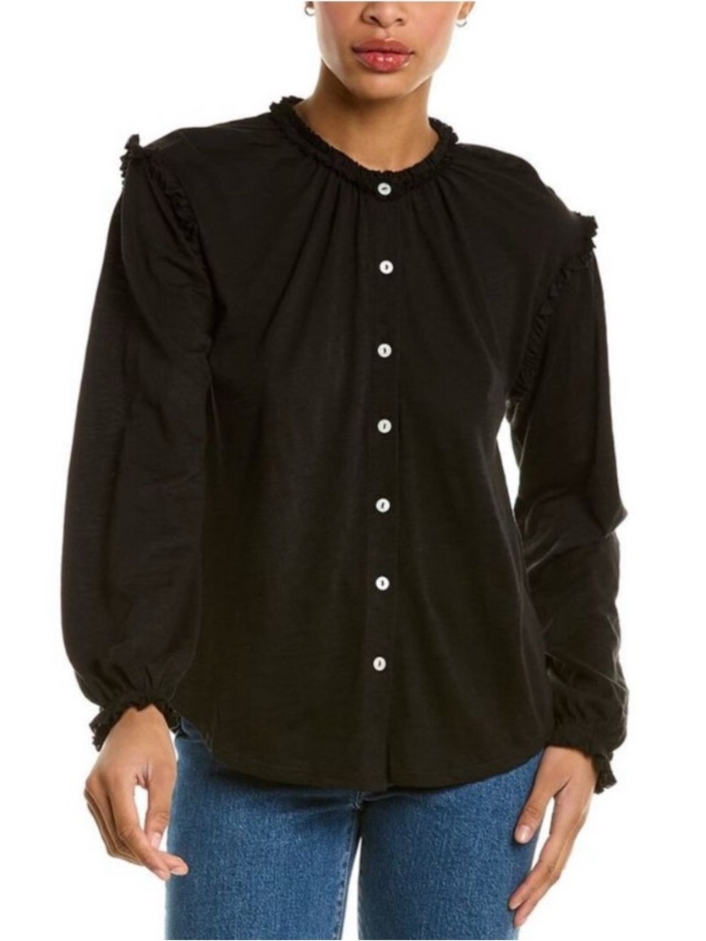Goldie Lewinter Ruffle Trim Button Front Long Sleeve Top XS